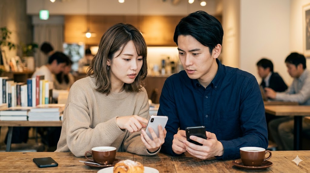 日本人男女がスマートフォンを見ながら、マッチングアプリのメッセージで避けるべきNG行動について注意深く話し合っている。