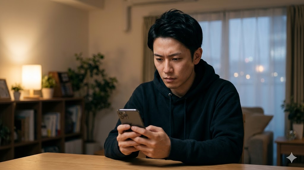 自宅で、スマートフォンの画面を真剣に見つめる日本人男性。デートの約束をした後も、相手への関心を伝え続けるメッセージの重要性を表現。 画像7