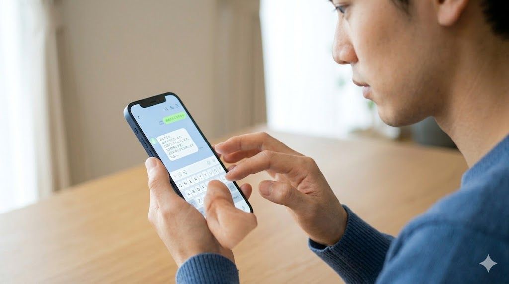 LINE移行後、相手に安心感を与えるために、丁寧な自己紹介と挨拶のメッセージを送る日本人男性の真摯な様子。信頼の継続を示している。