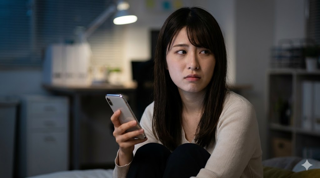 夜の自室でスマートフォンを見て、不快感や警戒心を抱く若い日本人女性。マッチング直後の強引な誘いや深夜の提案など、失敗する誘い方の典型例。