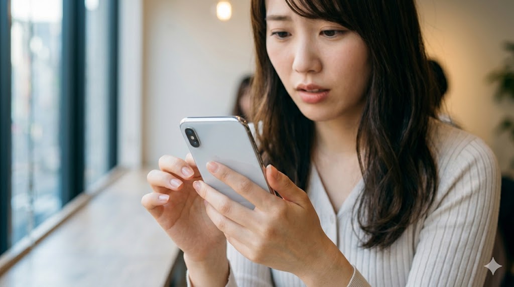 カフェでマッチングアプリのメッセージを受け取り、相手の馴れ馴れしい内容や強引な誘いに不快感を示し、スマホ画面でブロックを検討する日本人女性の困った表情。NG行動のシビアな結果を表現。