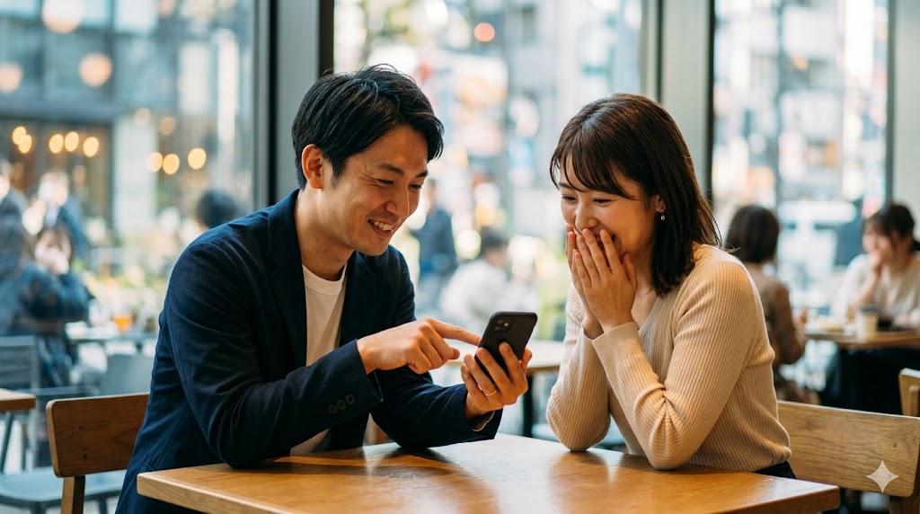 午後、東京のカフェで、男性が笑顔でスマートフォンの画面（レストラン情報）を見せながらデートに誘い、女性が嬉しそうに承諾する瞬間。