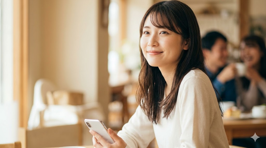 マッチングアプリでメッセージが続き、デートの約束を想像して嬉しそうに微笑む日本人女性。カフェの温かい雰囲気。