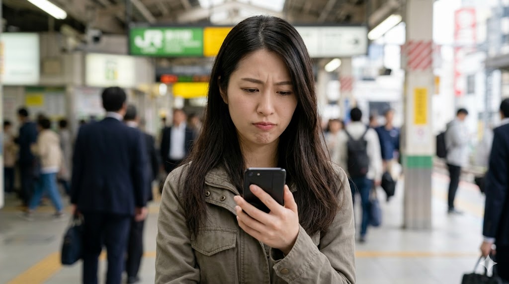 最初のメッセージで馴れ馴れしい言葉遣いをされ、困惑する日本人の女性のイメージ。