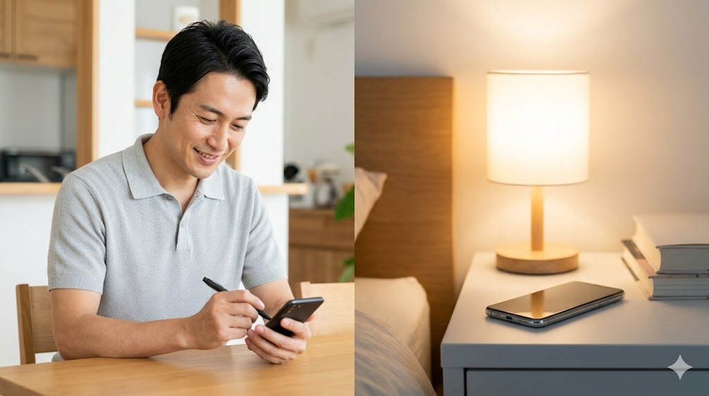明るいカフェでリラックスして過ごす日本人男性。相手への負担が少ない、ランチやカフェお茶デートの自然な誘い方をスマートに提案している様子。
