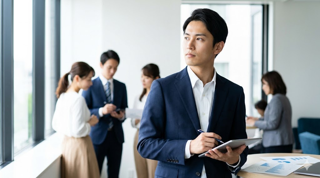 オフィスで真摯に仕事に向き合い、プロジェクトについて思索する日本人男性。仕事への姿勢と責任感を象徴する。