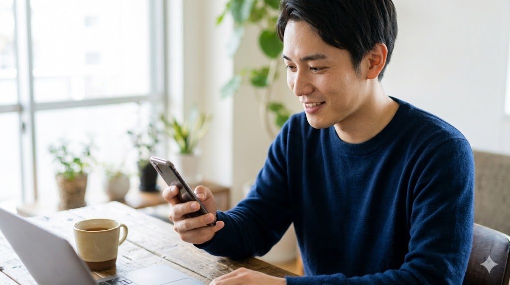 スマートフォンを手に、嬉しそうに微笑みながらメッセージを入力する日本人男性の画像。マッチングアプリで2回目のメッセージが届き、やり取りが続く喜びを表現。