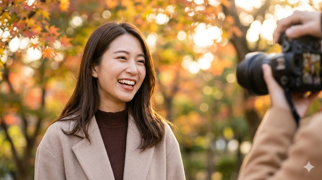 秋の自然な光の中で、友人に魅力的な笑顔の写真を撮ってもらっている日本人の若い女性。マッチングアプリのプロフィール写真を更新するために、より自分らしく、好感度の高い「奇跡の一枚」を撮影している様子を表現しています。
