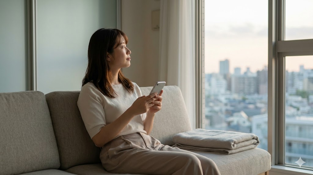 スマートフォンを置き、自宅のリラックスした空間で冷静に将来の出会いについて考える日本人女性の様子。