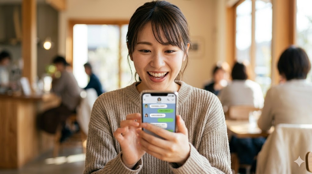 返信を待ちながら、スマートフォンを見る日本人女性の手元