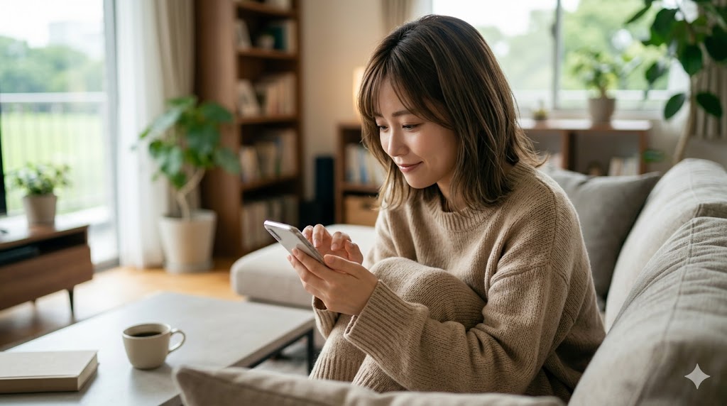 自宅でリラックスしながら、勇気を出して意中の男性に最初のメッセージを送る日本人女性。