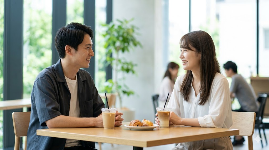 昼間の明るいカフェで、リラックスした雰囲気の中で初デートのお茶を楽しむ、日本人男女の幸せそうな様子。