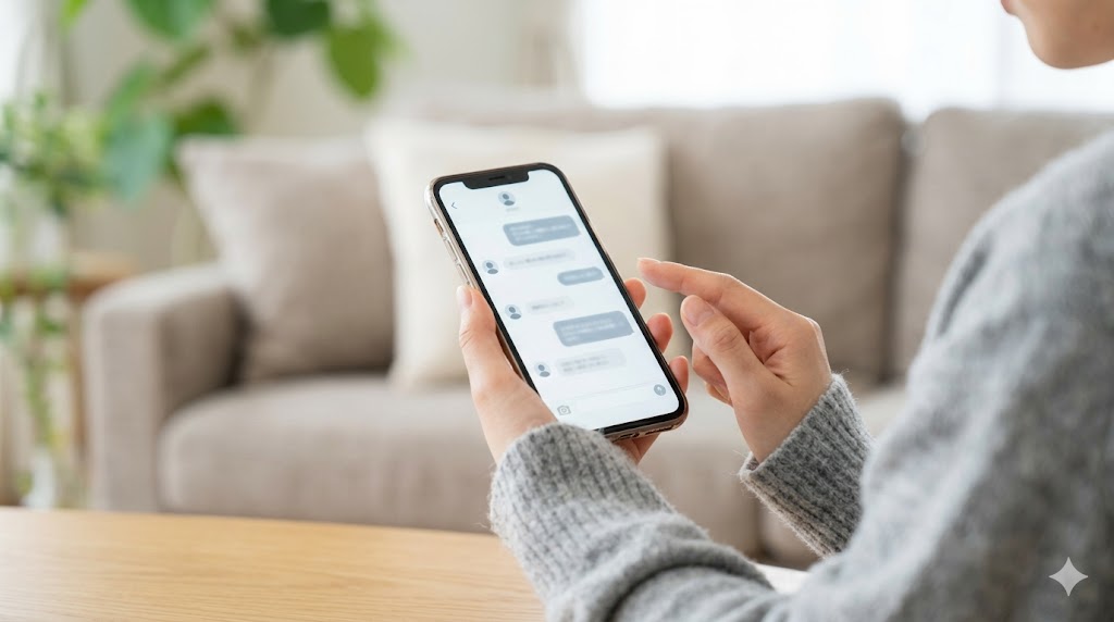 スマートフォンで例文メッセージを作成する日本人女性の手元