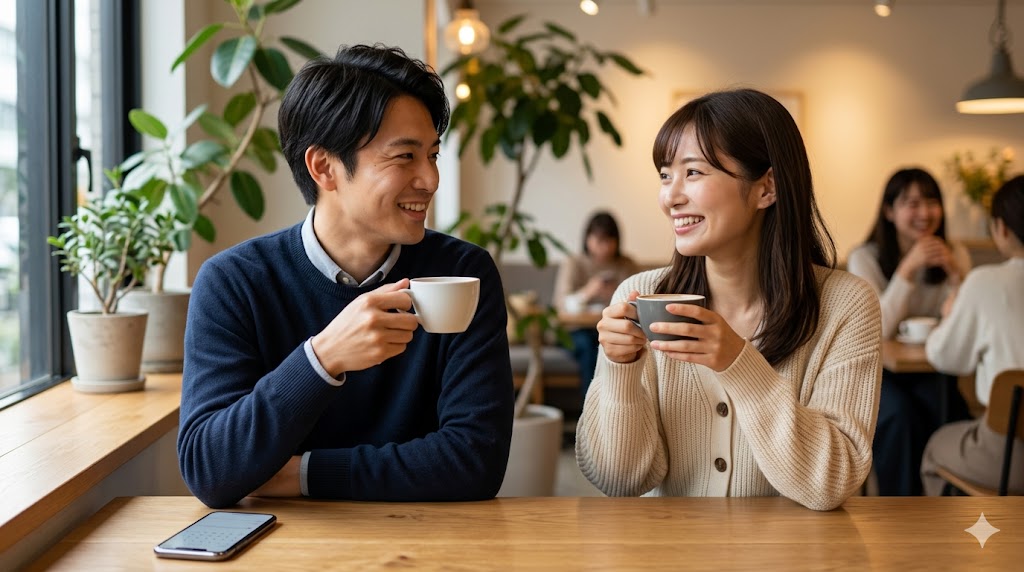 都内のカフェで、メッセージ不要のマッチングアプリを通じて出会った日本人男女が、直接会って楽しそうに会話をしている様子。日程調整やお店予約が自動化されたサービスでのリラックスした出会いを表現。