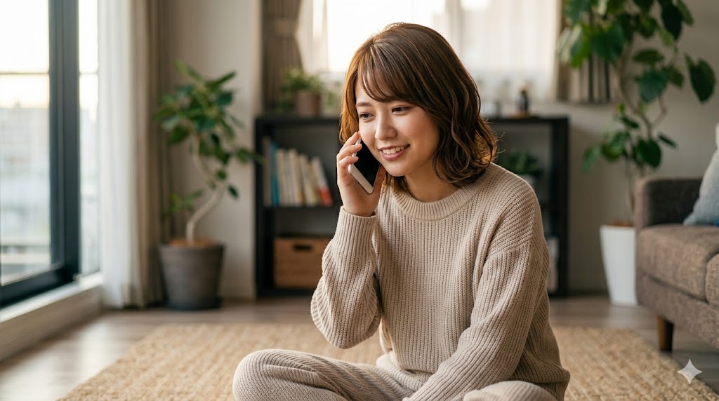 マッチングアプリのメッセージを、笑顔で送信する日本人女性。女性から積極的にアプローチすることへの、前向きな気持ちをイメージ。