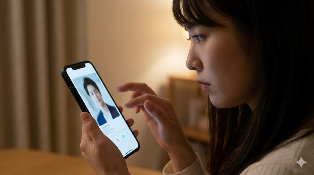 スマートフォンの画面に表示された、怪しげで「良すぎる」プロフィール写真に対し、疑念と警戒心を持って見つめる日本女性の視点。自己防衛を示している