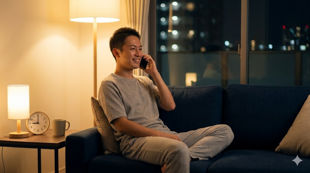 夜、ソファでリラックスしながらスマートフォンで通話する日本人男性。時計は21時を指しており、最適な時間帯を表現。
