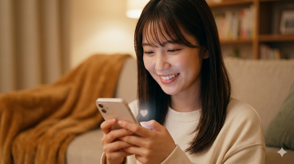 デートの約束後、自宅でスマートフォンを見つめ、嬉しそうにメッセージを返す若い日本人女性。連絡を途切れさせず、安心感を与え続ける重要性を示すイメージ。