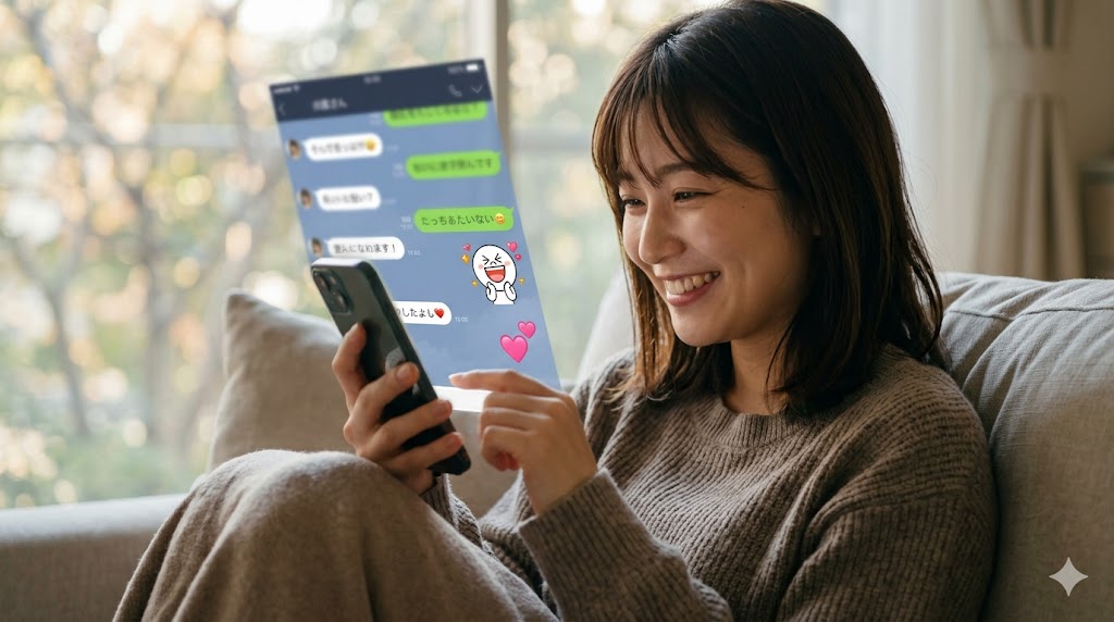 夕方、アパートでリラックスしながらスマートフォンに絵文字やスタンプを使い、楽しそうに返信する日本人女性。心を開いたサイン。