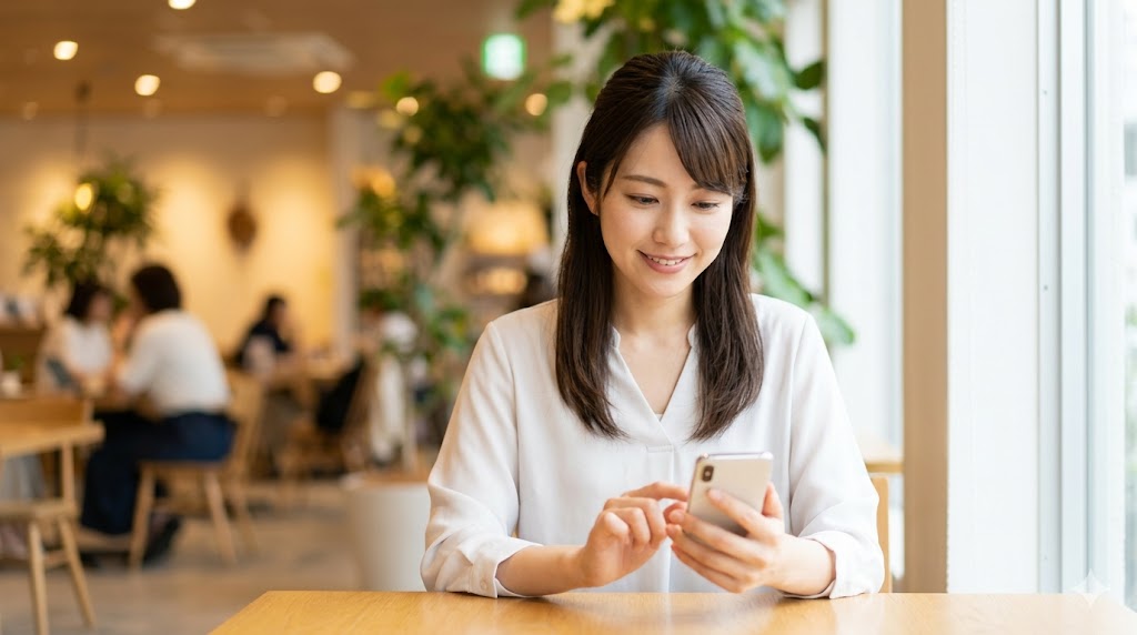 カフェでリラックスしながら、マッチングアプリの相手に送る好印象なメッセージの内容を考える日本人女性。窓から自然光が差し込む。