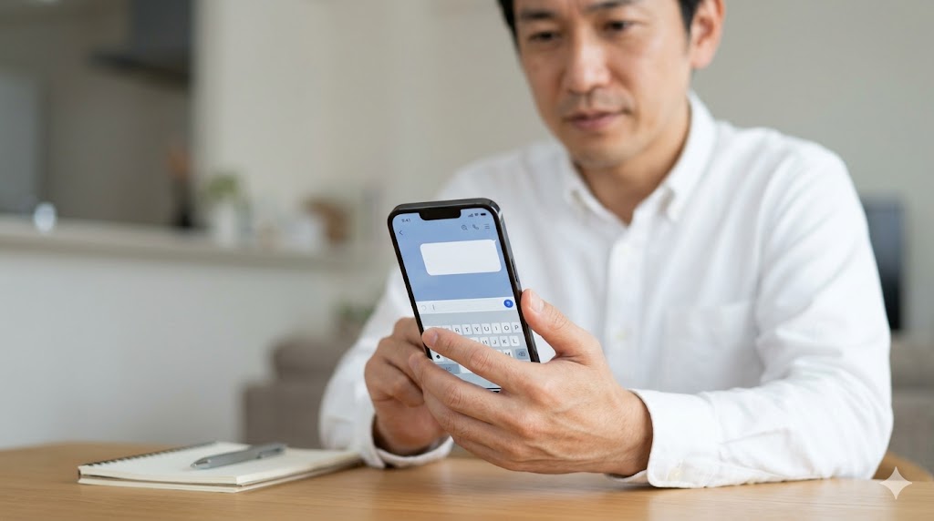 真剣な表情でスマートフォンを持つ日本人男性（40代）。絵文字や無駄な自分語りを排し、シンプルで誠実な文章を心がけている様子。