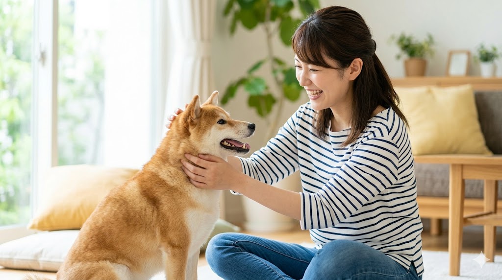 マッチングアプリの話題作りにも最適な、愛犬の柴犬と触れ合う日本人の女性。