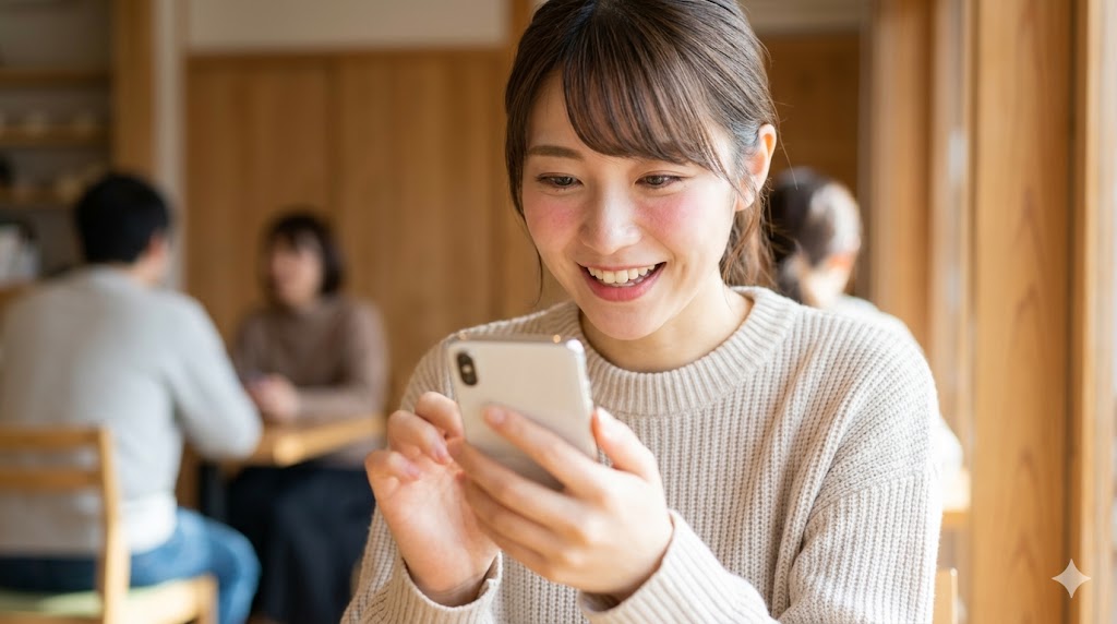 カフェでスマートフォンを見て、誠実なメッセージに安心し、嬉しそうに微笑む日本人女性。警戒心が解けた瞬間。