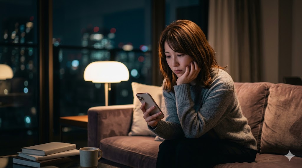 夜の自宅で、スマートフォンを眺めながら少し寂しげな表情を浮かべる日本人女性。マッチングアプリでメッセージの頻度が急に減り、不安を感じている様子を表現。