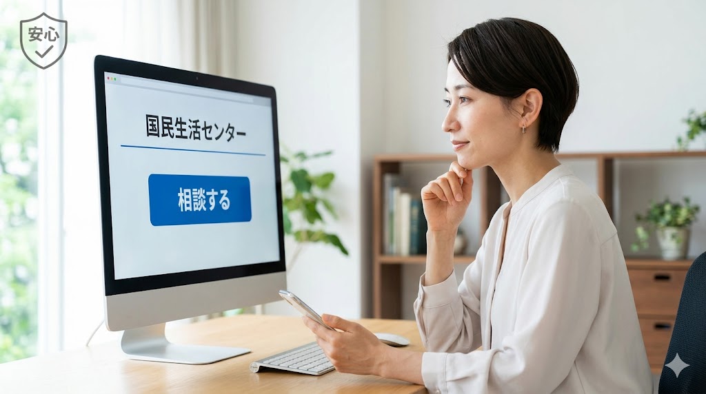 自宅のデスクで、真剣な表情で公的機関（独立行政法人 国民生活センターなど）のウェブサイトを確認する日本人女性。トラブル時の相談窓口を想起させるイメージ。