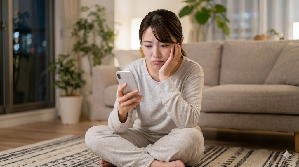スマートフォンを手に、退屈そうで面倒くさそうな表情を浮かべる日本人女性の画像。マッチングアプリのメッセージが負担に感じる瞬間を表現。