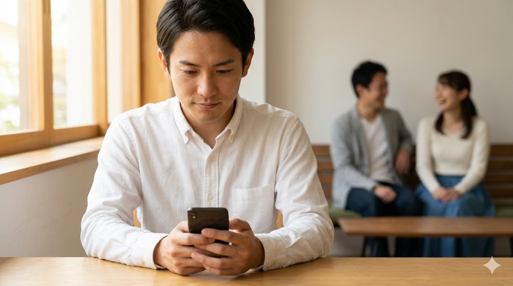 落ち着いた表情でスマートフォンに向かい、慎重にメッセージを入力する日本人の若い男性。焦りや感情を抑え、冷静な態度で関係修復のための「追撃メッセージ」を送ろうとする、建設的な対策の瞬間を表現しています。