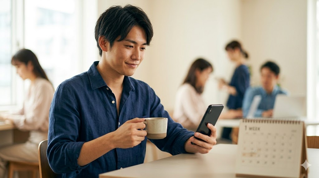 カレンダーを確認し、吹っ切れたような表情でコーヒーを飲む日本人男性