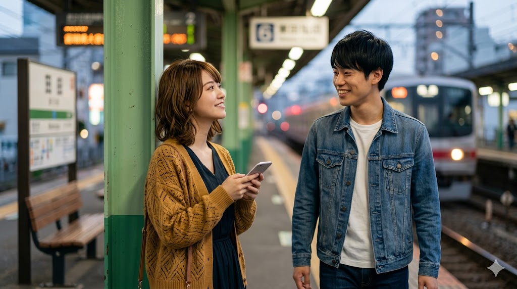 夕暮れ時の駅の待ち合わせ場所で、笑顔で相手を待つ日本人女性と、そこに到着する日本人男性。前日のリマインド連絡で、当日の不安が解消された、安心感のある出会いの瞬間。