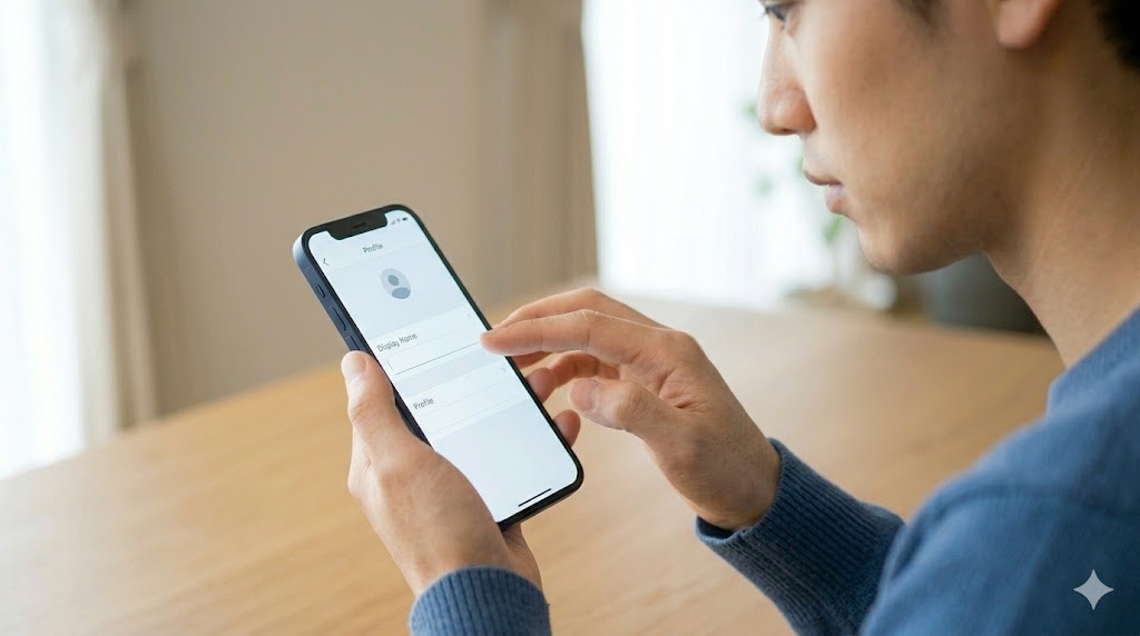 LINE交換の前に、自身のプライバシー設定画面（名前設定）を開き、本名をニックネームに変更しようとする日本人男性の手元とFocusedな表情。セキュリティ意識を示している。