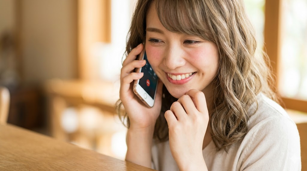 スマートフォンで通話中、相手の声を聞いて嬉しそうに照れる日本人女性。好意を持っているサイン（脈あり）を視覚化。