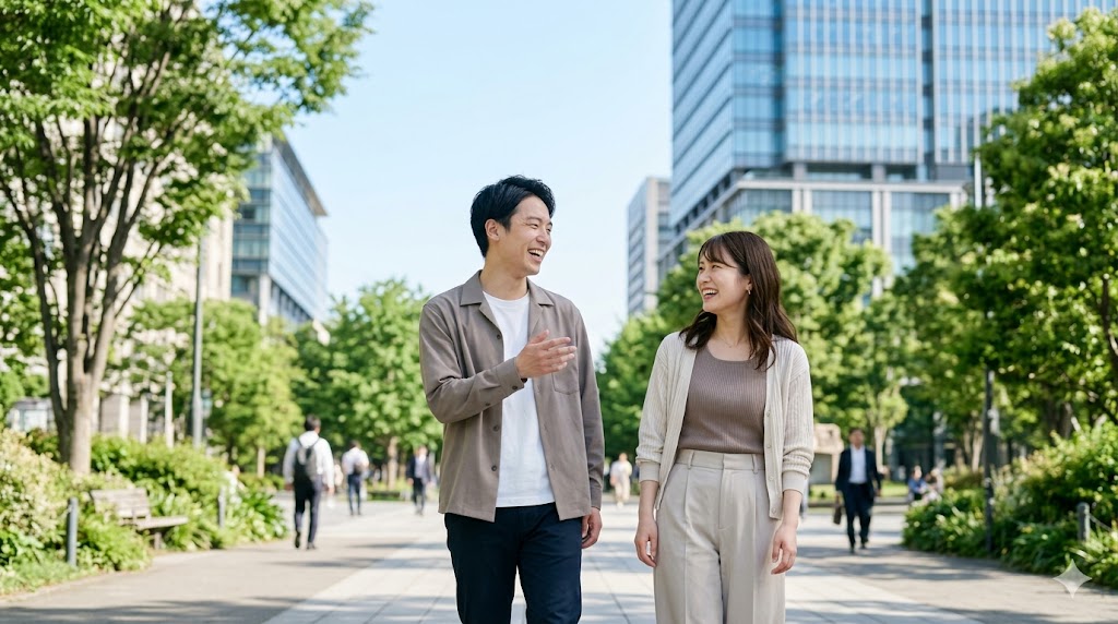 晴れた日の公園を、笑顔で歩く若い日本人カップル。マッチングアプリのメッセージから誠実に信頼関係を築き、初デートを成功させた幸せな瞬間。