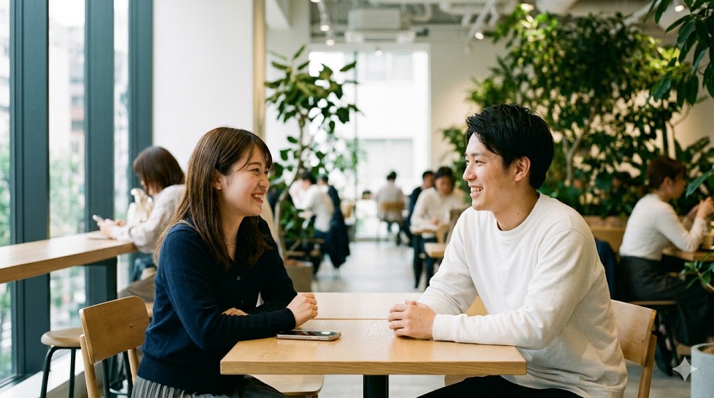 昼下がり、東京の明るく開放的なカフェで、リラックスして初対面の会話を楽しむ日本人カップル。周囲に人が多く、安全な環境。
