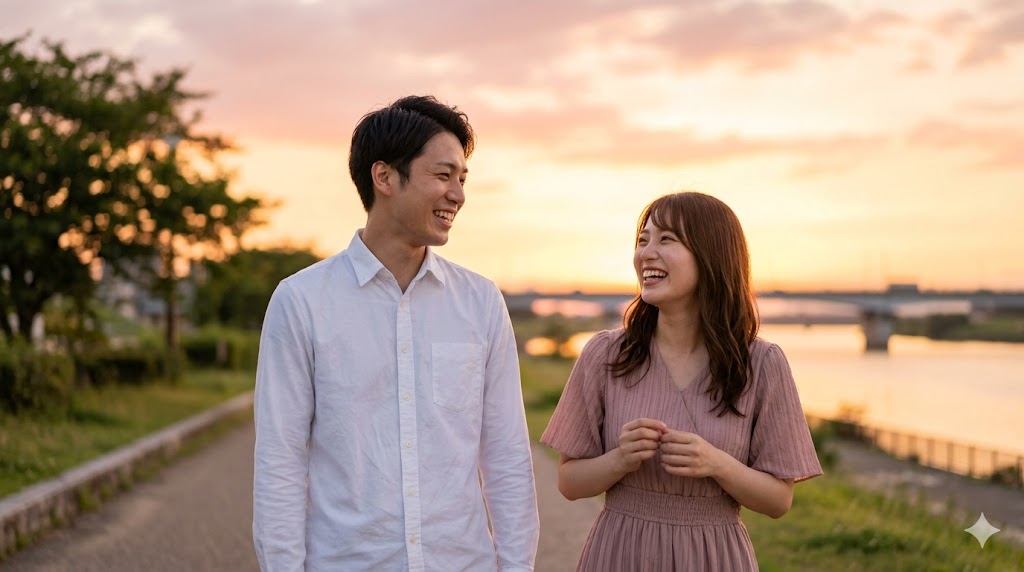 メッセージのやり取りを経て、初デートで楽しそうに歩く日本人のカップル。