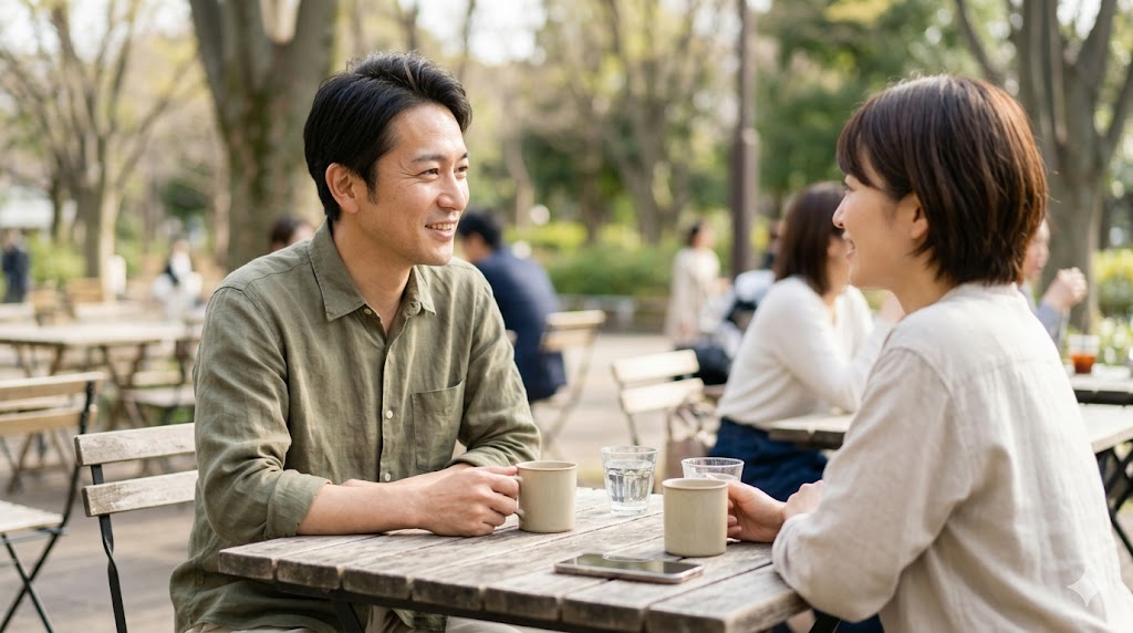 明るい昼下がりのカフェテラスで、笑顔で向き合い会話を楽しむ、日本人男性（30代後半）と女性（30代）。マッチングアプリでの誠実なやり取りが実を結び、直接会って関係を深めている様子。