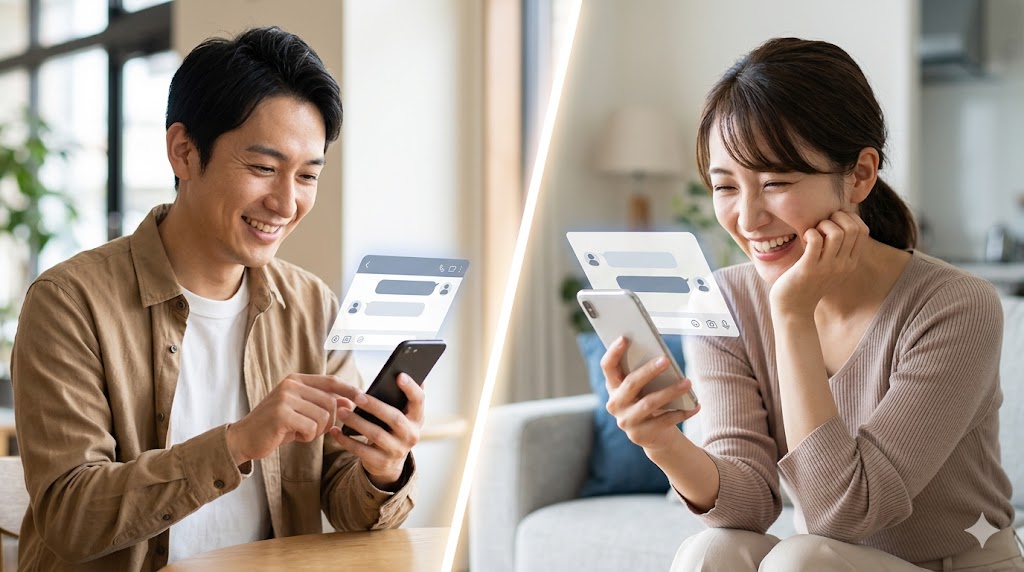 マッチングアプリで、お互いにリスペクトを込めた心地よいメッセージ交換を楽しむ日本人男女。関係構築の実践。