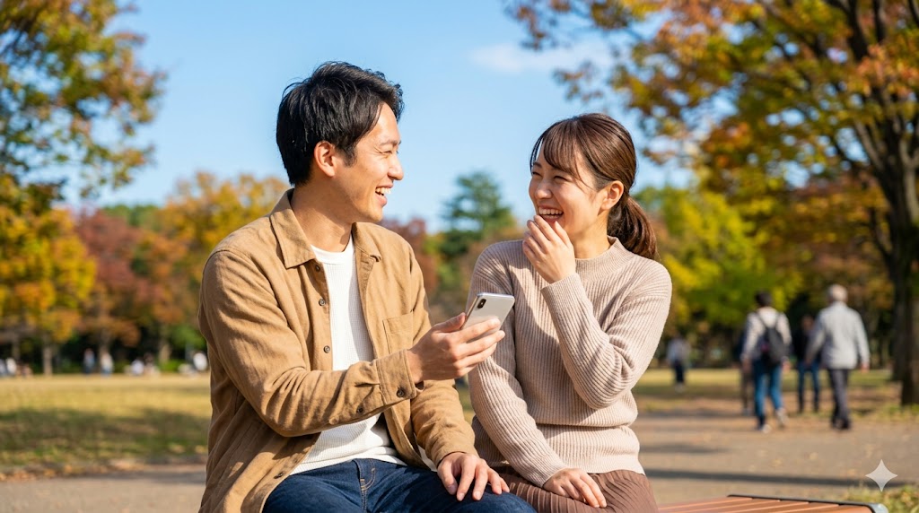 公園のベンチに座り、スマートフォンを手に楽しそうに笑い合う日本人カップルの画像。マッチングアプリのメッセージで盛り上がる話題作りを象徴するビジュアル。