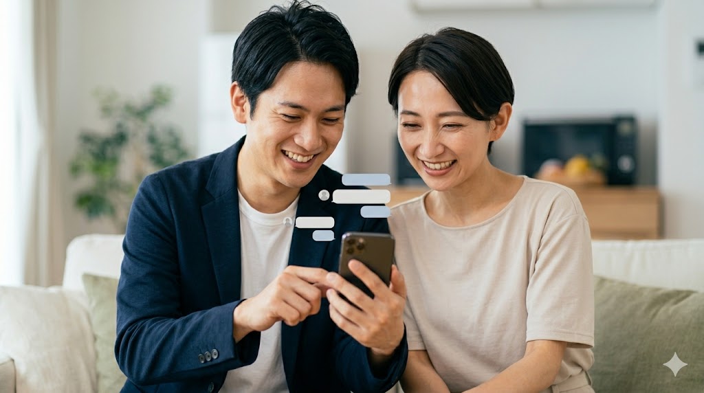 マッチングアプリのメッセージから理想の関係を築き、笑顔でスマートフォンを見つめる幸せな日本人カップル。E-E-A-T向上のための成功事例。