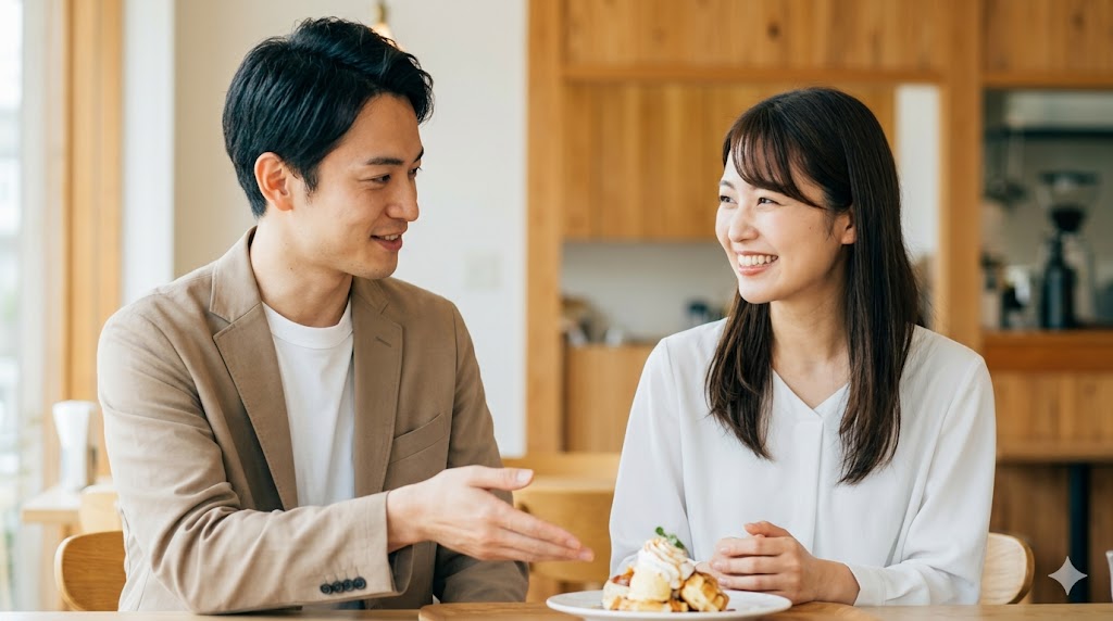 明るいカフェで、楽しそうに会話する日本人の若い男女。男性が自然な流れでデート（カフェ巡り）に誘い、女性が笑顔で応じている瞬間。メッセージが盛り上がったタイミングを逃さず、次のステップへ繋げる理想的な展開を表現しています。