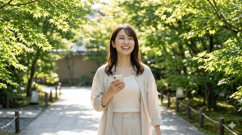 アプリ疲れを乗り越え、晴れやかな表情で新しい出会いに向かって歩き出す、日本人女性の希望に満ちた様子。