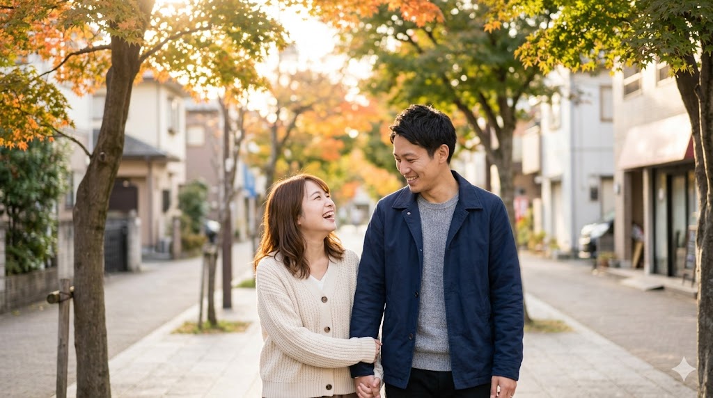 マッチングアプリのメッセージ疲れを乗り越え、自分らしくいられる出会いを見つけた日本人男女が、秋の木漏れ日の中、笑顔で手をつないで歩く幸せな様子。