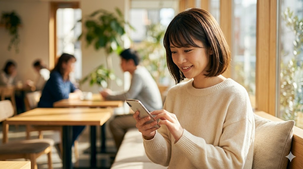 リラックスした様子でスマホを眺める、待ち時間に余裕を持つ日本人女性