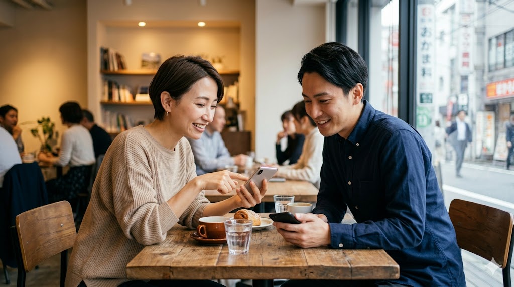 清潔感のある日本人男女がカフェでスマートフォンを使い、笑顔でメッセージ交換の基本構成について話している。