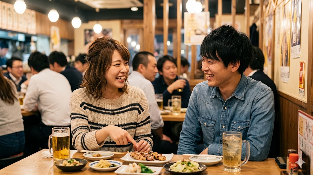 マッチングアプリで出会った日本人男女が、カジュアルな居酒屋で楽しそうに食事をする様子。気軽な恋活や友達作りを目的とするアプリでの、スピーディーな展開をイメージ。