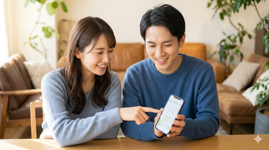 カフェで一緒にスマートフォンの画面を笑顔で見つめ、デートの約束を確定させる日本人カップルの様子。男性が主導して信頼関係を示している。