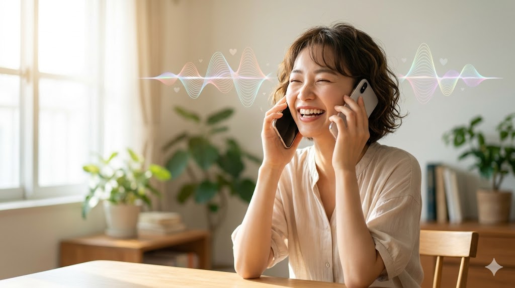 マッチングアプリで出会った相手の声を聞いて、嬉しそうに笑う日本人女性。温かい雰囲気が伝わる。